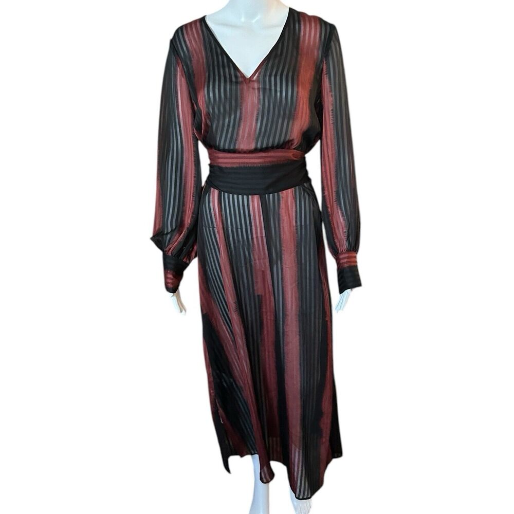 NEW BCBGMAXAZRIA S Sheer Stripe Ombre Midi Dress V-Neck Tie Waist Removable Belt
